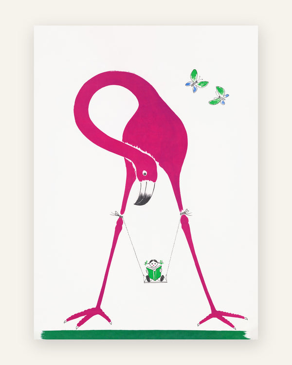 Børneplakat med flamingoens gynge i lyserøde toner til børneværelset