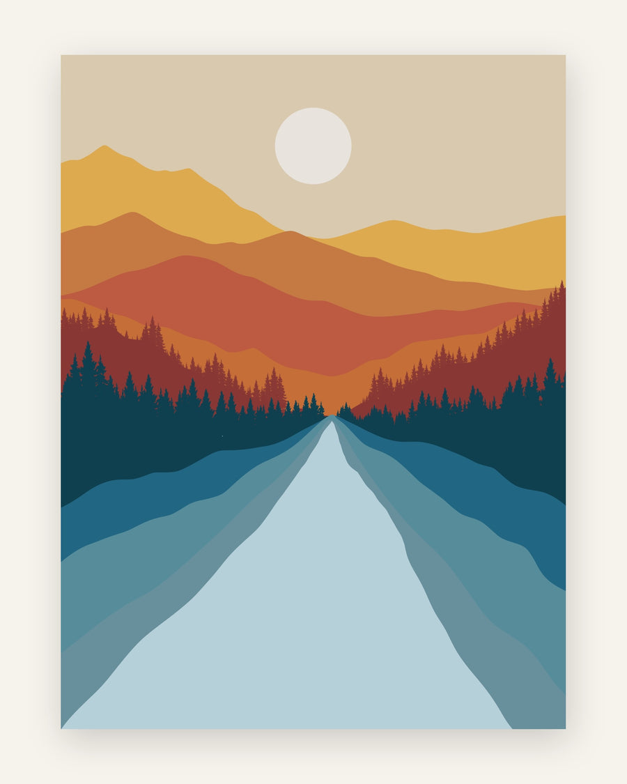 Retro grafisk plakat med blå flod gennem dal, lagdelte bjerge i gul, orange og rust samt nåleskov til drengeværelset