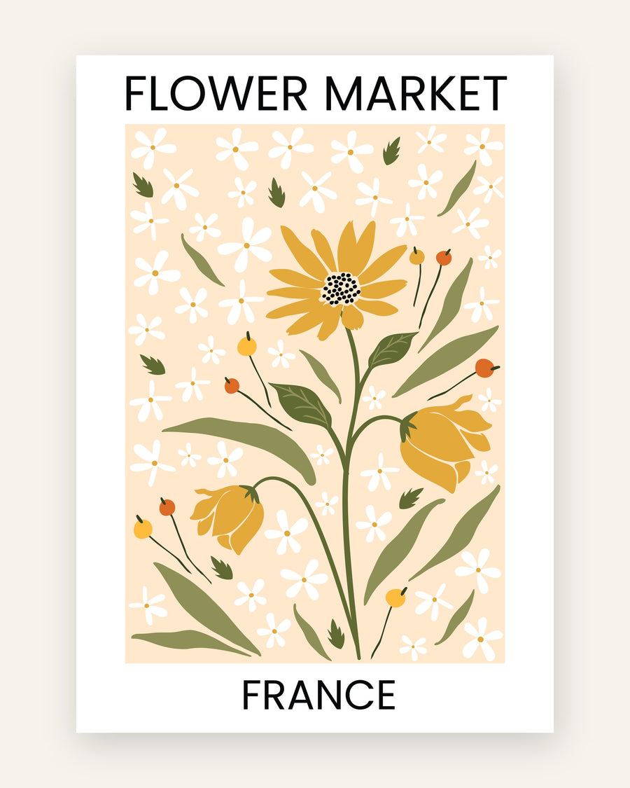 Børneplakat med flower market france i gule toner til børneværelset