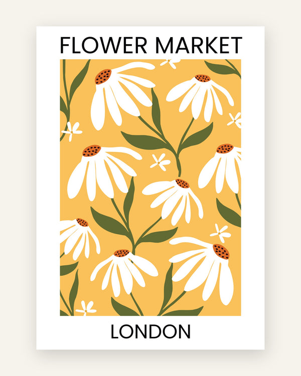 Børneplakat med flower market london i gule toner til børneværelset