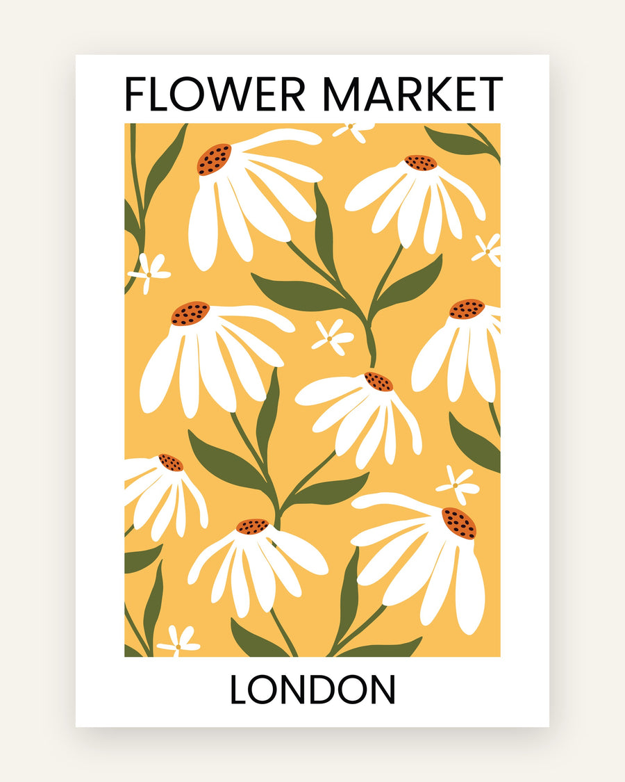 Børneplakat med flower market london i gule toner til børneværelset