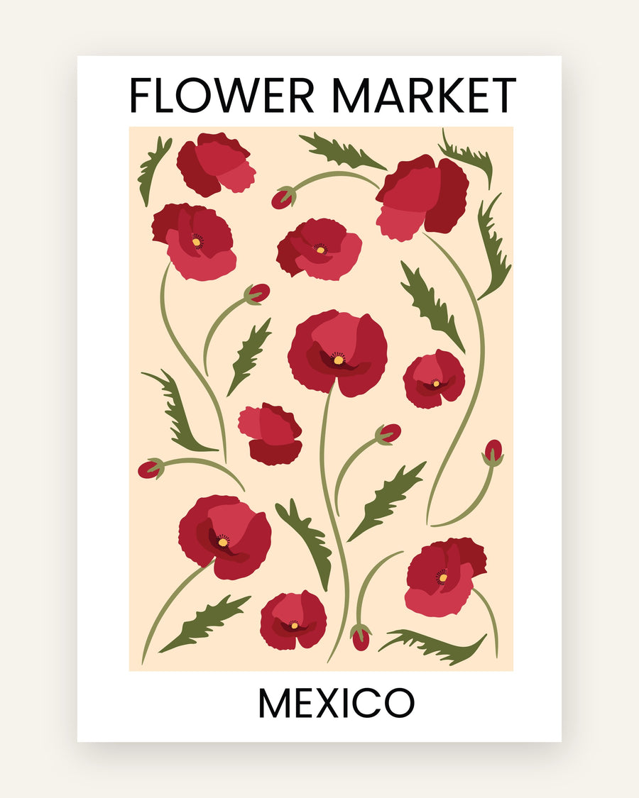 Børneplakat med flower market mexico i røde toner til børneværelset