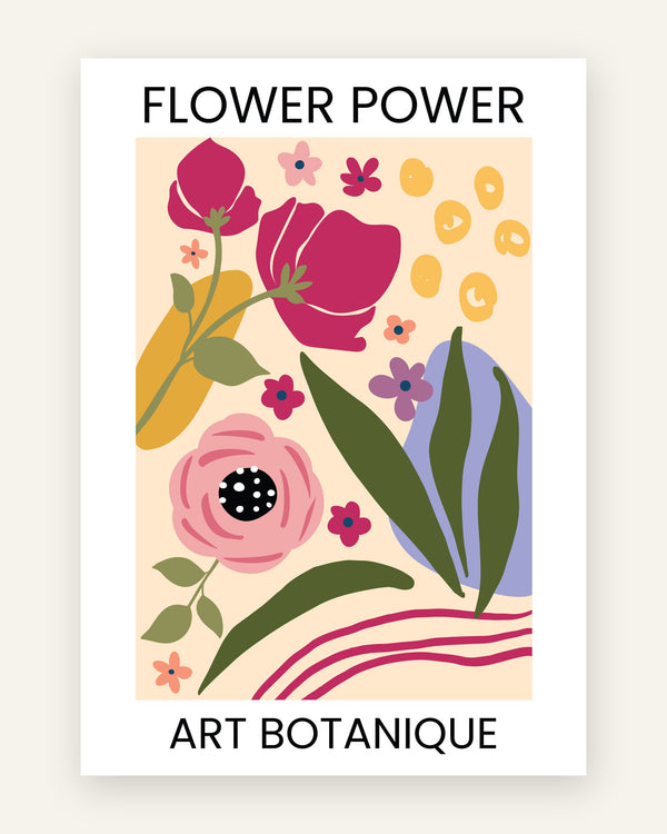 Børneplakat med flower power art botanique i lyserøde toner til pigeværelset