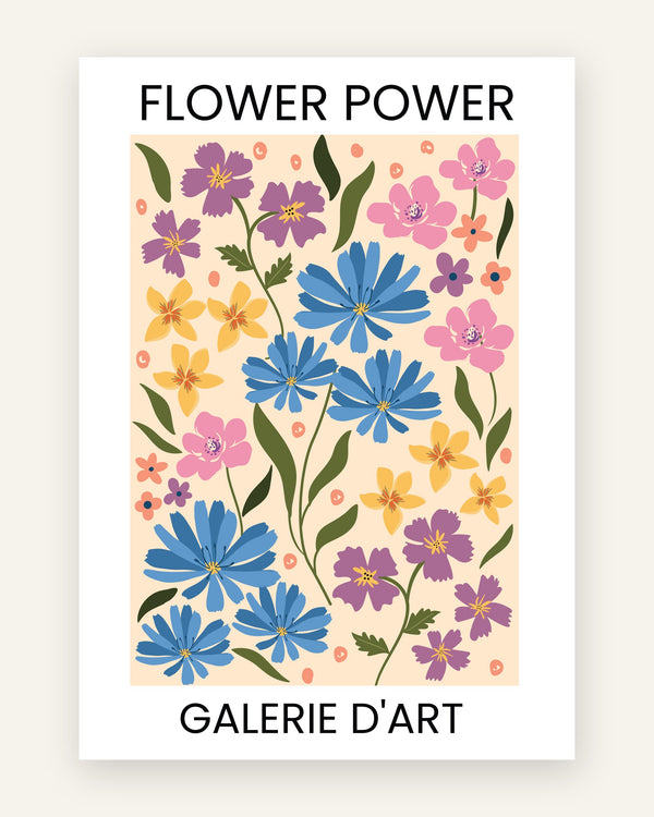 Børneplakat med flower power blå blomster til børneværelset