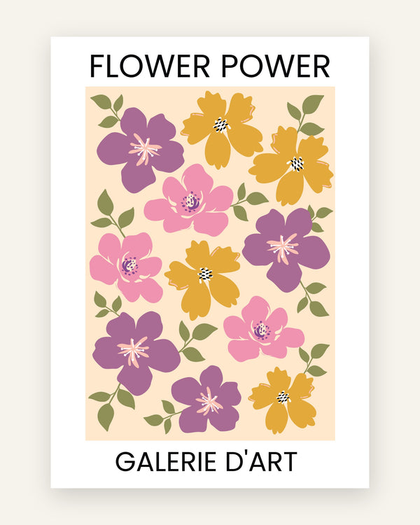 Børneplakat med flower power galerie i lilla toner til pigeværelset