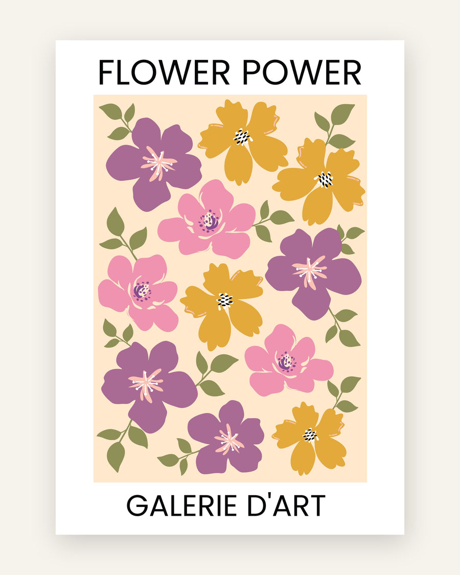 Børneplakat med flower power galerie i lilla toner til pigeværelset