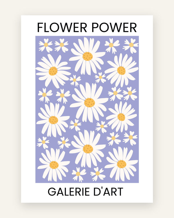 Børneplakat med flower power marguerit i lilla toner til børneværelset