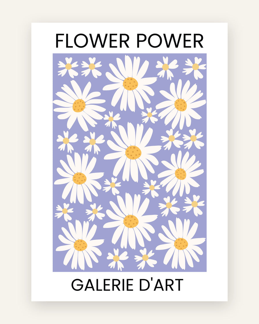 Børneplakat med flower power marguerit i lilla toner til børneværelset