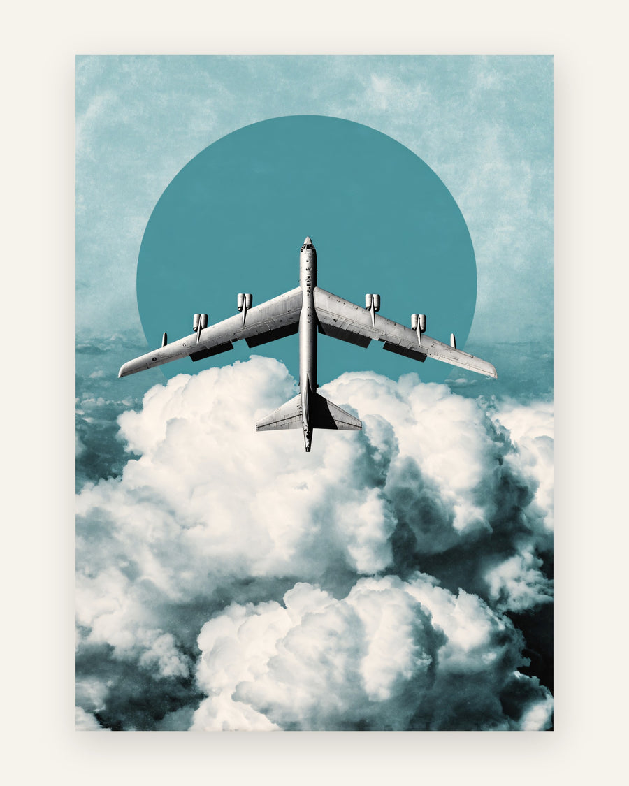 Børneplakat i retro collagestil med et stort fly, der stiger op mod hvide skyer foran en turkis cirkel, til drengeværelset
