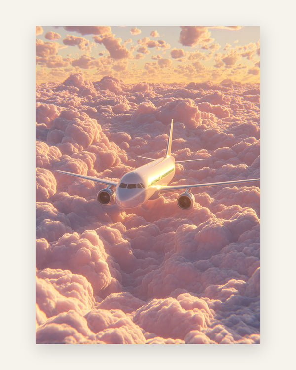 Børneplakat med et hvidt passagerfly, der flyver over bløde lyserøde skyer i gyldent solnedgangslys, fotorealistisk, til drengeværelset