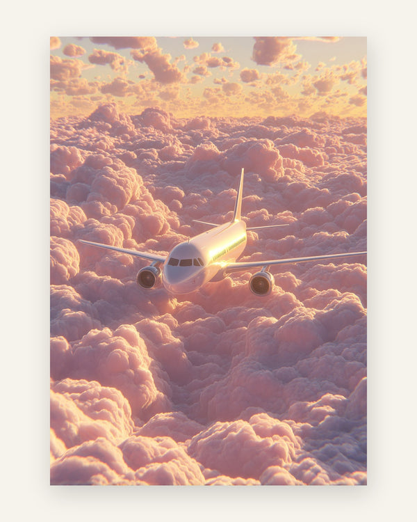 Børneplakat med et hvidt passagerfly over bløde rosa skyer i varmt gyldent solnedgangslys, fotorealistisk, til børneværelset