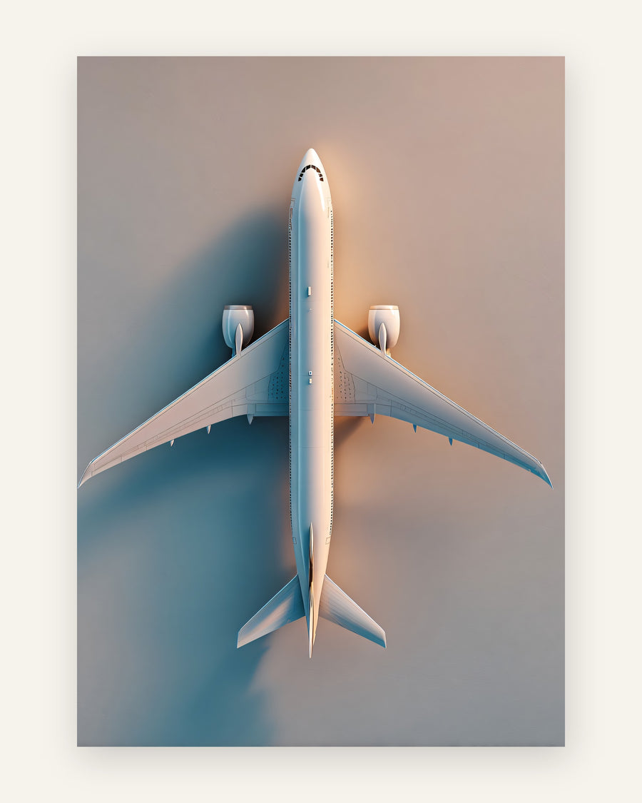Børneplakat med et hvidt passagerfly set oppefra på en dæmpet beige og gråblå baggrund, minimalistisk stil, til drengeværelset