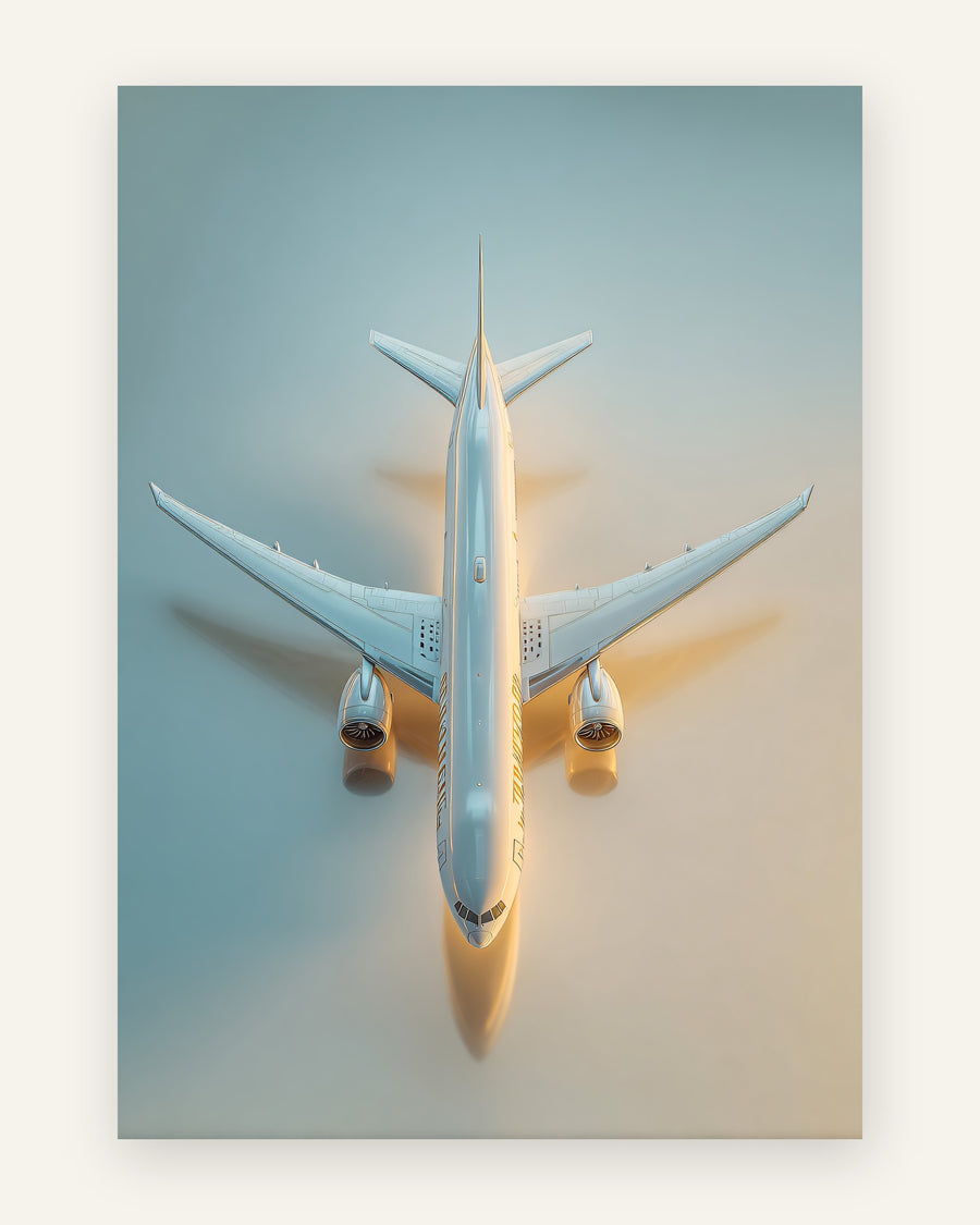 Børneplakat med en hvid flyvemaskine set oppefra på en blå og gylden baggrund i solnedgangsskær, minimalistisk stil, til drengeværelset