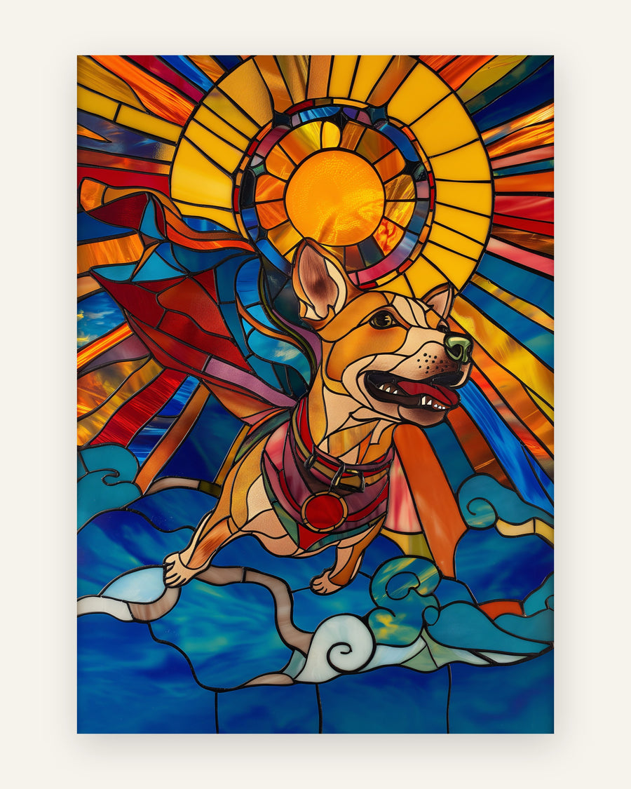 Børneplakat med superhund med rød kappe der flyver mod en strålende sol over blå skyer i farverig glasmosaikstil til drengeværelset