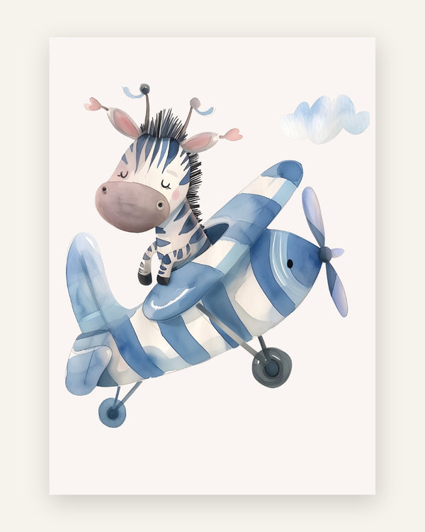 Børneplakat med en sød babyzebra, der flyver et blåt og hvidt stribet propelfly under en blød sky, i akvarelstil, til børneværelset