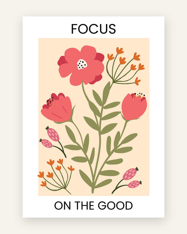 Børneplakat med focus on the good i lyserøde toner til pigeværelset