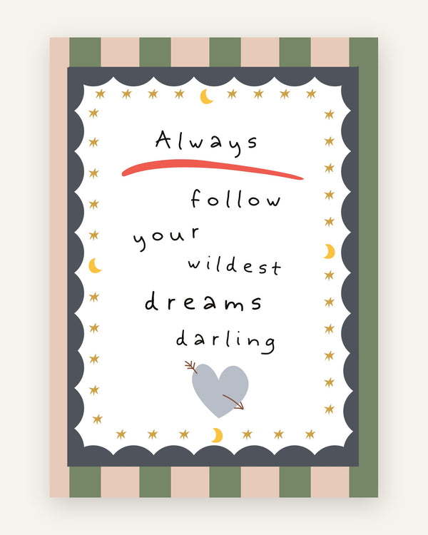 Børneplakat med follow your dreams i grønne toner til børneværelset
