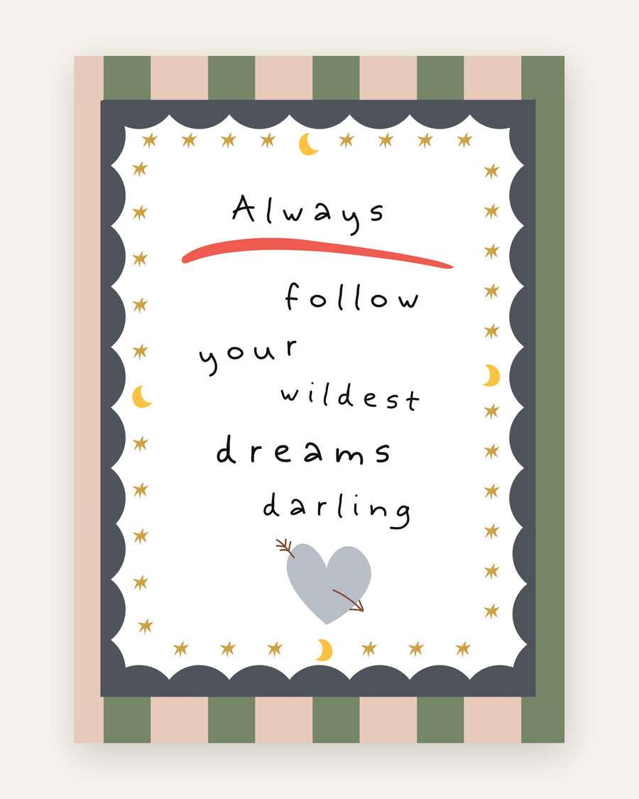 Børneplakat med follow your dreams i grønne toner til børneværelset