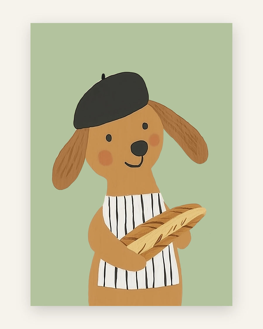 Børneplakat med brun hund med sort baret og sort-hvid stribet trøje der holder en baguette på salviegrøn baggrund til børneværelset