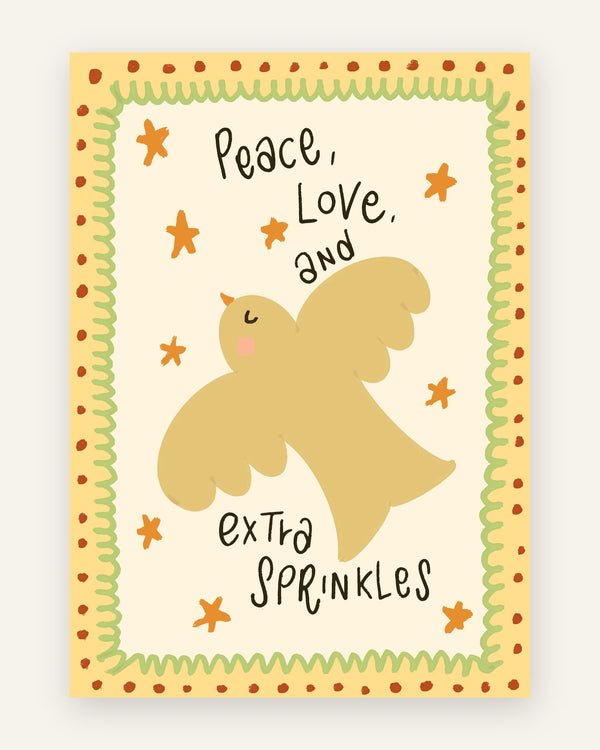 Børneplakat med fugl peace love sprinkles i gule toner til børneværelset