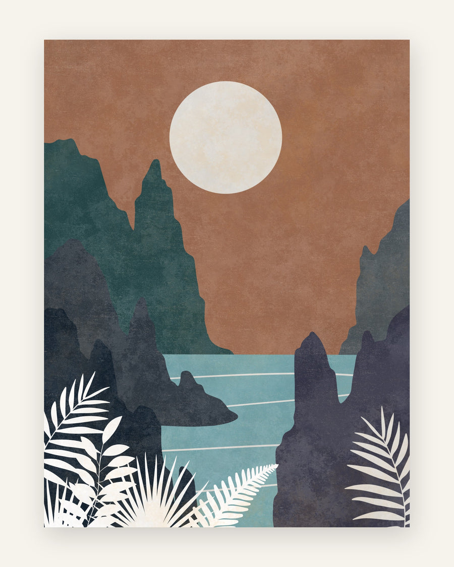 Boho-plakat med cremefarvet fuldmåne på terracotta himmel, teal og navy klipper og lyse palmeblade til børneværelset