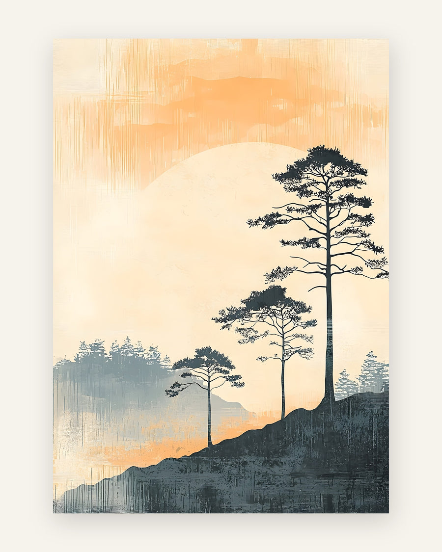 Minimalistisk plakat med mørke fyrretræer i silhuet mod stor bleg sol på orange himmel til børneværelset