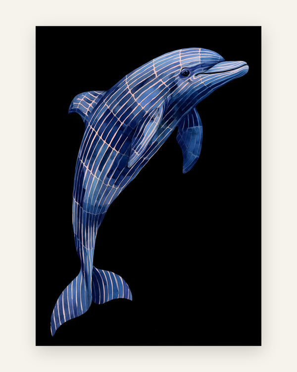 Børneplakat med geometrisk delfin i blå toner til drengeværelset