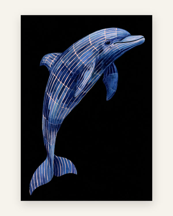 Børneplakat med geometrisk delfin i blå toner til børneværelset