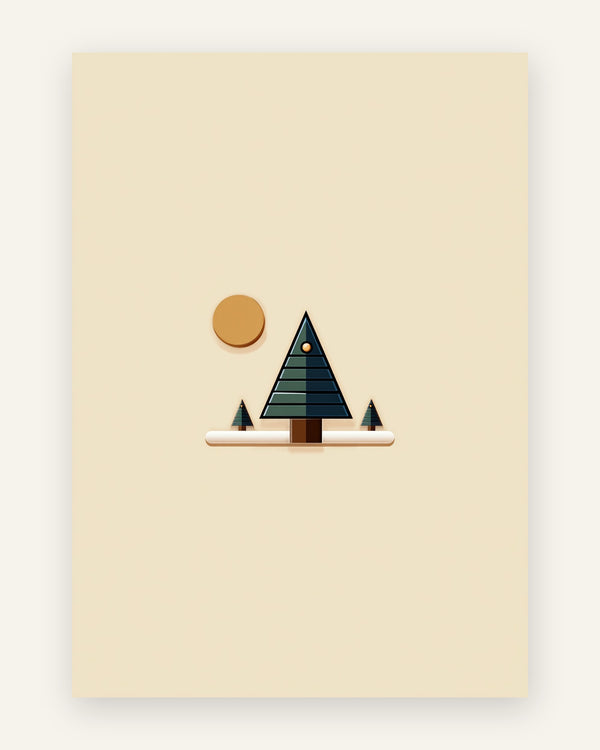 Geometrisk plakat med grønt og navy fyrretræ, to små grantræer og okkerfarvet sol på creme baggrund til børneværelset