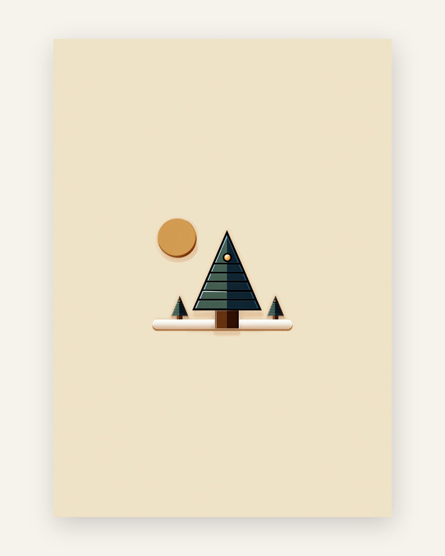 Geometrisk plakat med grønt og navy fyrretræ, to små grantræer og okkerfarvet sol på creme baggrund til børneværelset
