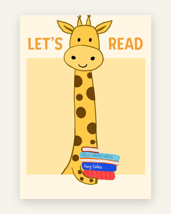 Børneplakat med giraf let's read bøger i gule toner til børneværelset