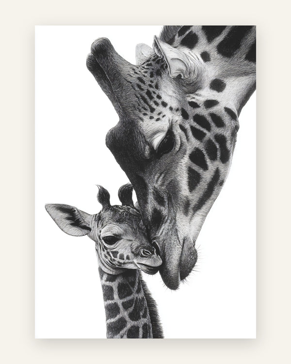 Børneplakat med girafmor og kalv i sort-hvid til børneværelset