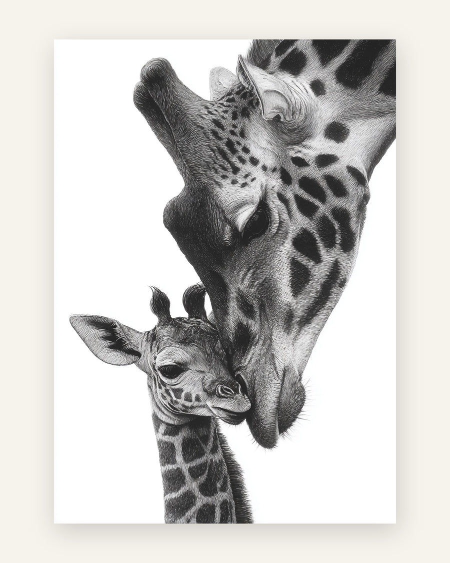 Børneplakat med girafmor og kalv i sort-hvid til børneværelset