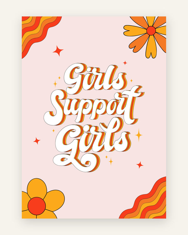 Børneplakat med girls support girls i orange toner til pigeværelset