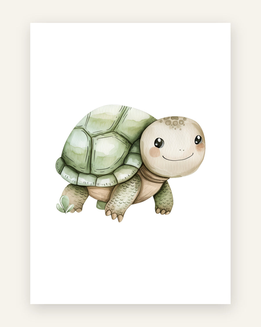 Børneplakat med glad skildpadde i grønne toner til børneværelset