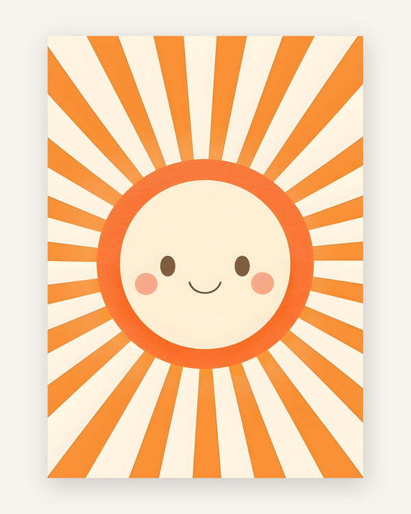 Børneplakat med glad solansigt i orange toner til børneværelset