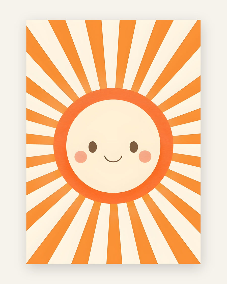 Børneplakat med glad solansigt i orange toner til børneværelset