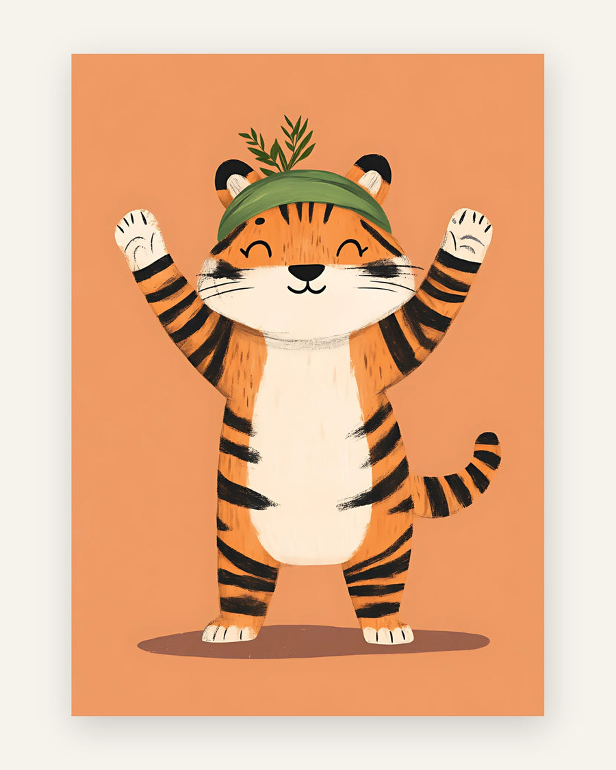 Børneplakat med glad vinkende tiger i orange toner til børneværelset
