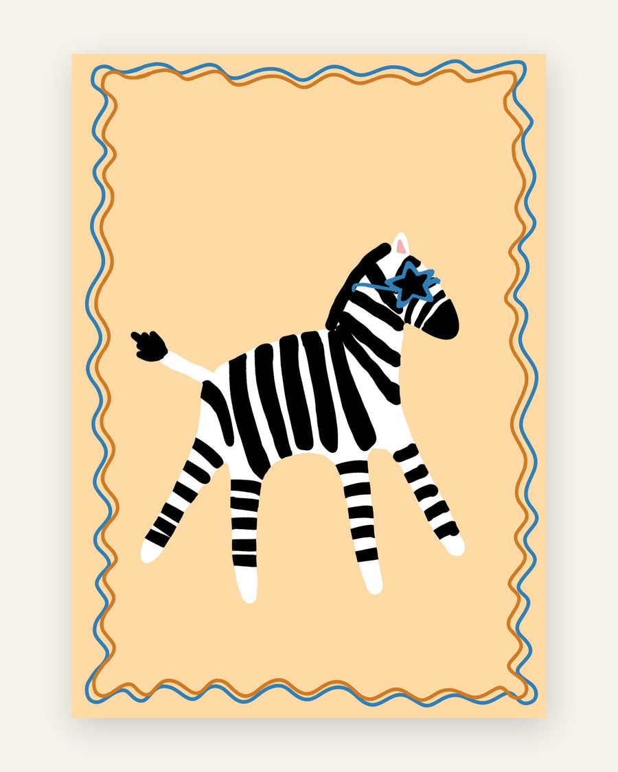 Børneplakat med glad zebra i sort-hvid til børneværelset