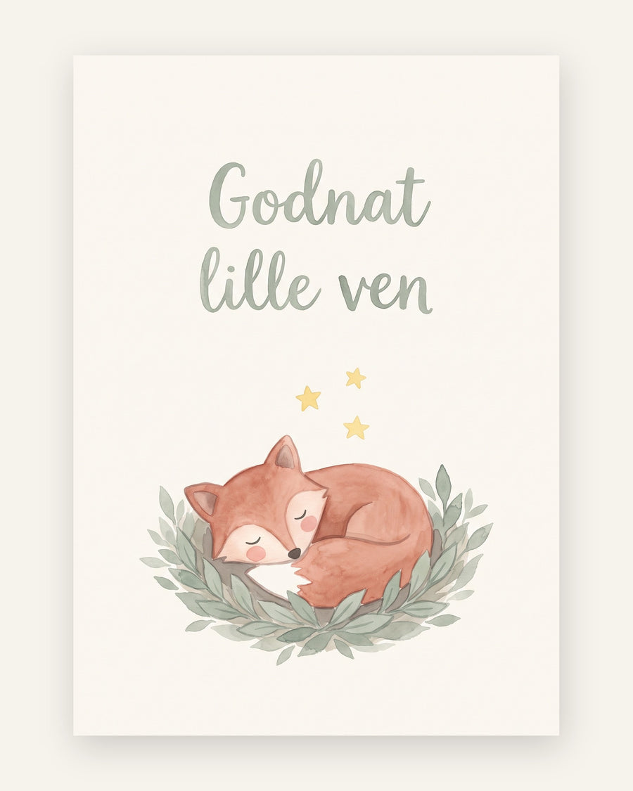 Godnat lille ven plakat med sovende ræv i blade under stjerner