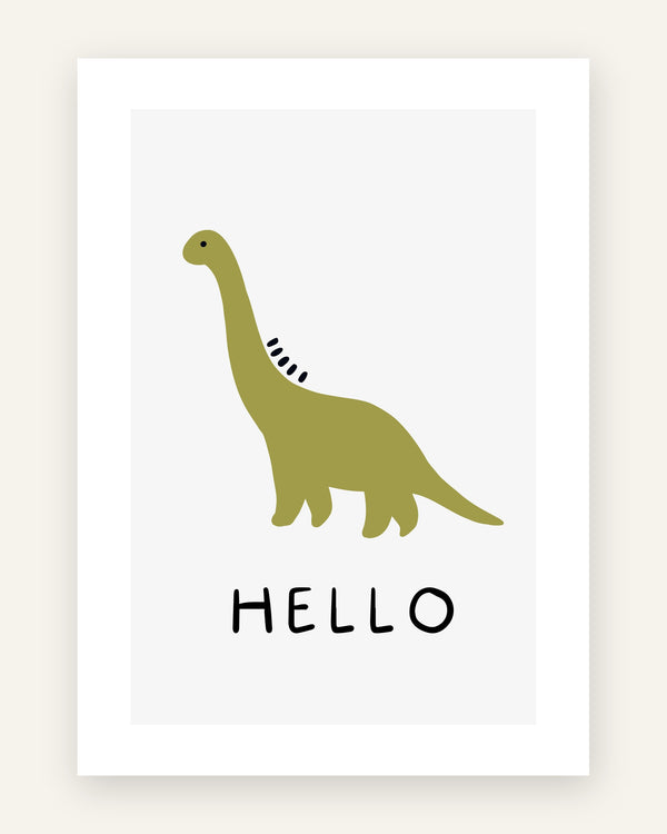 Børneplakat med minimalistisk olivengrøn langhalset dinosaur og teksten Hello på lysegrå baggrund til børneværelset