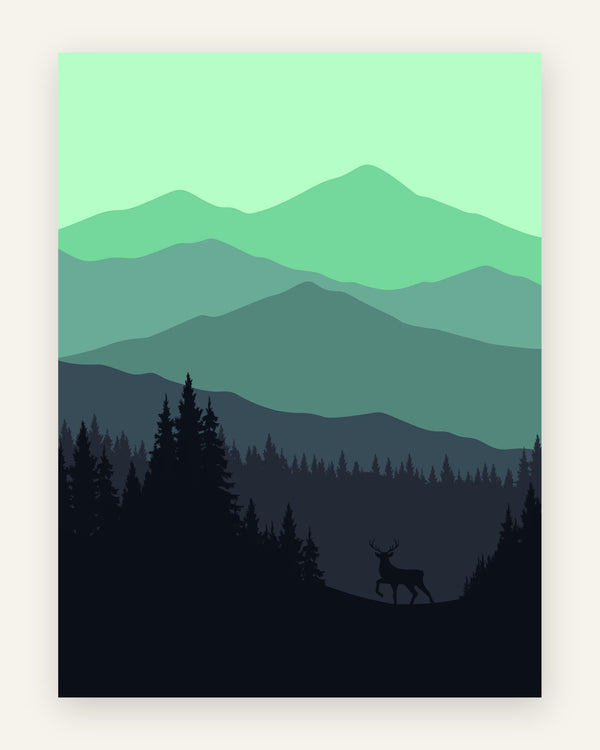 Grafisk børneplakat med hjort i skovbryn foran lagdelte bjerge i mint, teal og navy, til børneværelset.