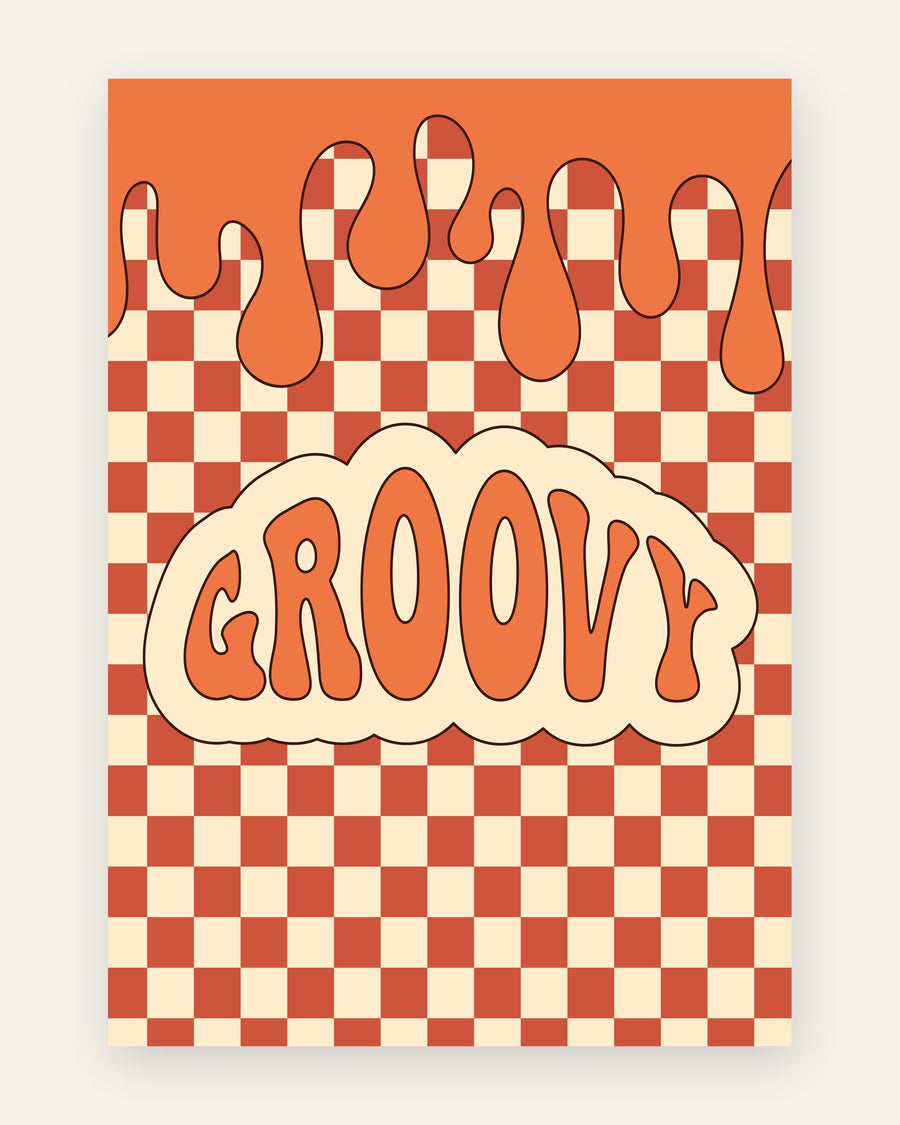 Børneplakat med groovy i orange toner til børneværelset