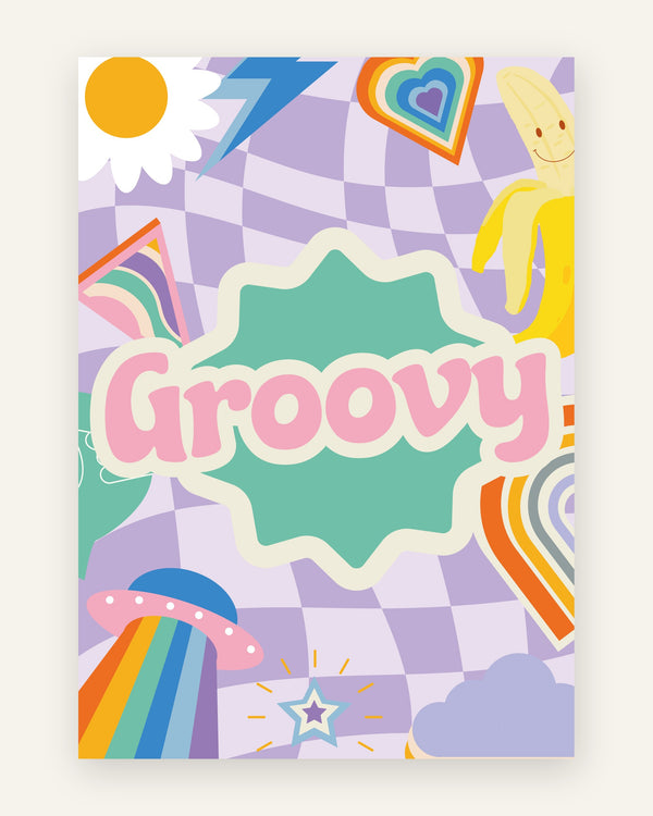 Børneplakat med groovy i lilla toner til børneværelset