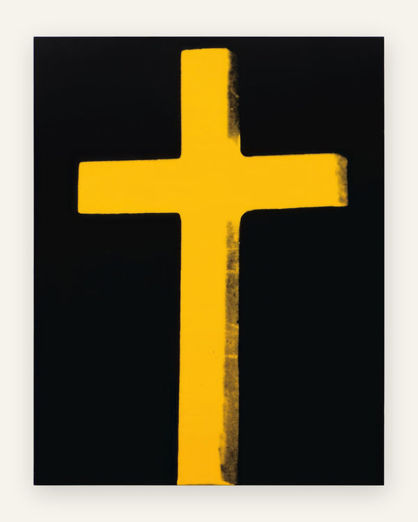 Pop art plakat med gult kors på sort baggrund i screentryk-stil