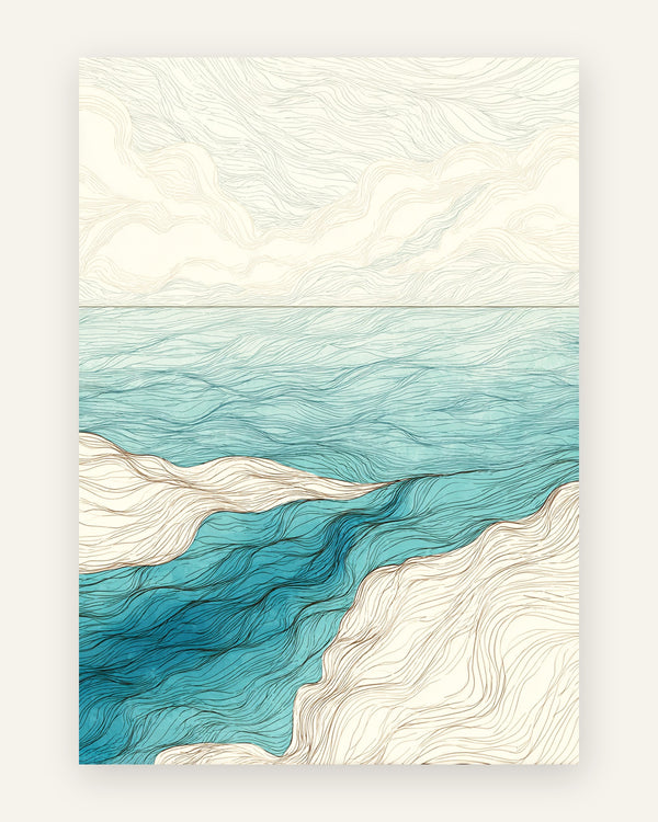 Plakat med abstrakt stregkunst af et turkis hav, der møder en cremet strand under en blød himmel, i minimalistisk stil
