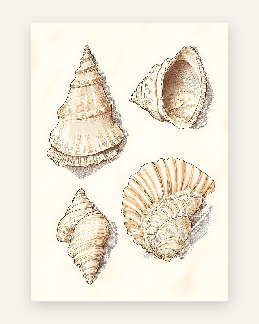 Plakat med et vintage naturstudie af fire havsnegle og muslinger i creme og lys beige på cremet baggrund, i detaljeret stregtegning