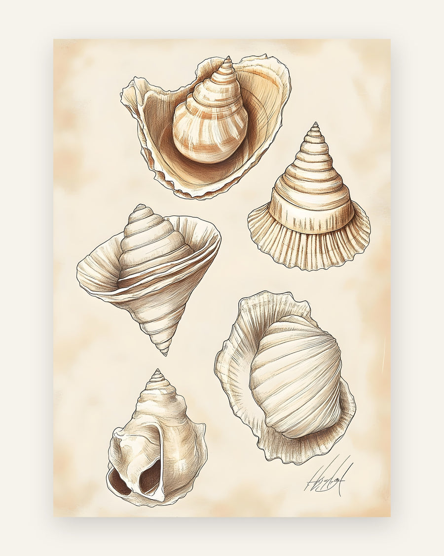 Plakat med et vintage naturstudie af fem havsnegle i sepia og beige på aldret pergamentbaggrund, i detaljeret stregtegning