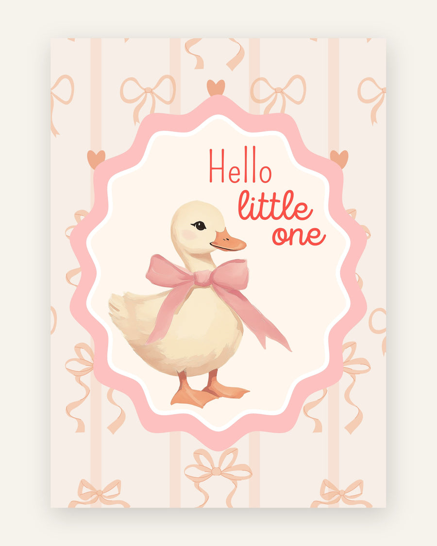 Børneplakat med hello little one ælling i beige til børneværelset