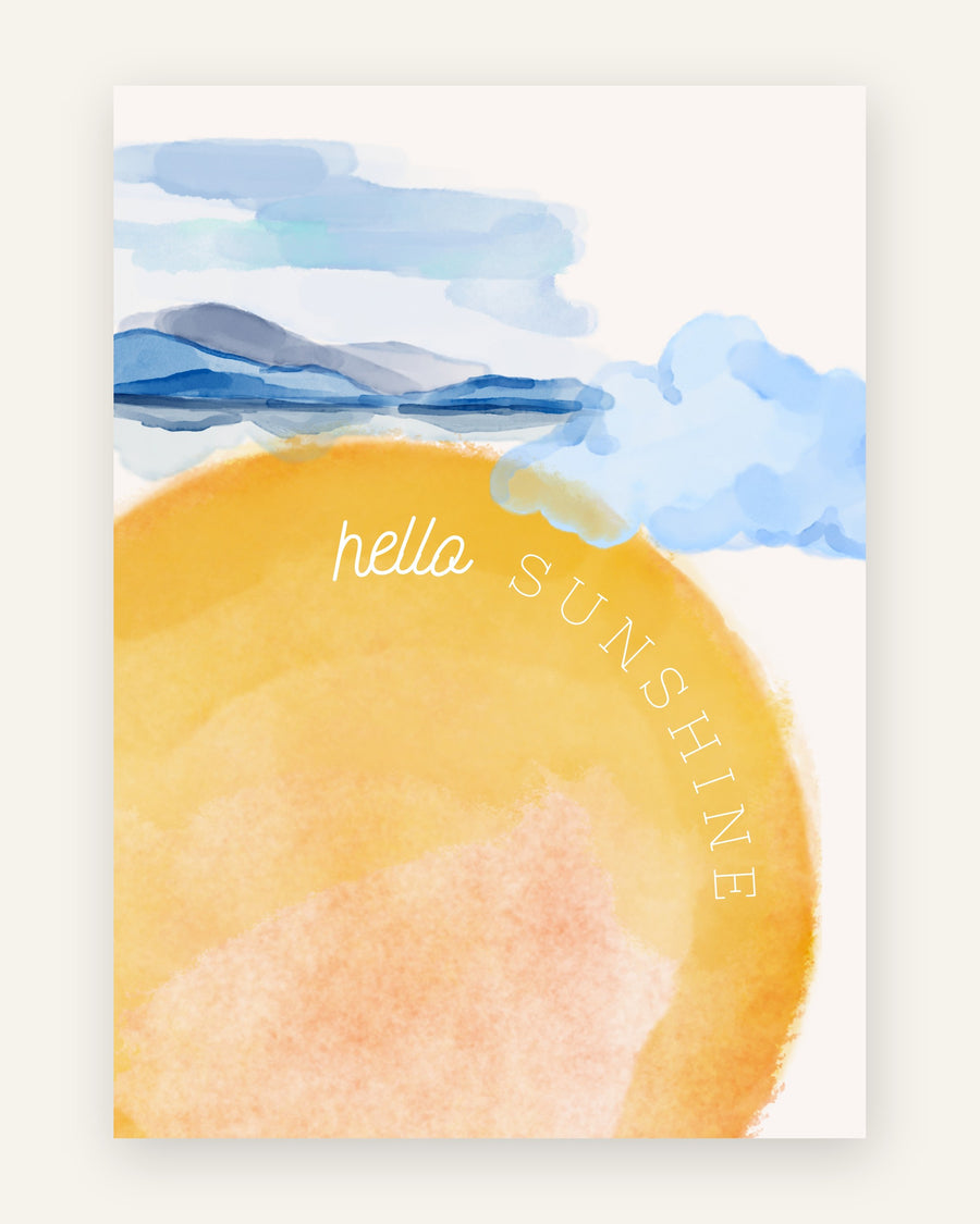Børneplakat med hello sunshine i gule toner til børneværelset
